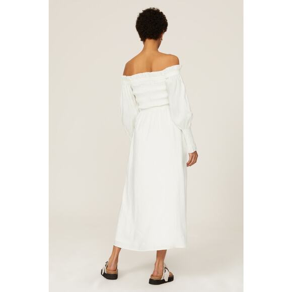 AllSaints Lary White Long Sleeve Off Shoulder Slit Linen Silk Midi Dress Size 4 - Picture 3 of 16